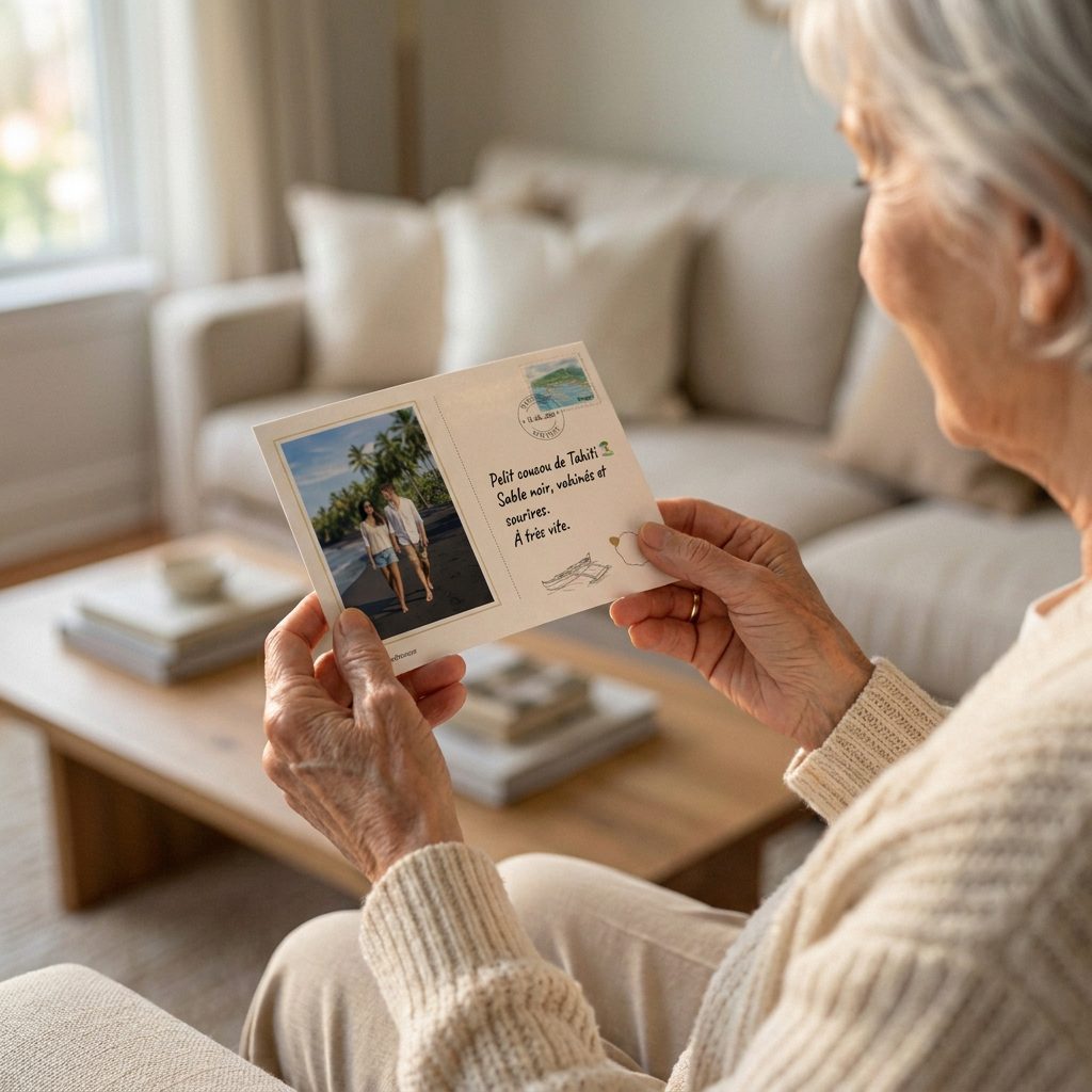 Une grand-mère lit sa carte sur son canapé